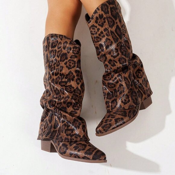 Brown Western Women's Pointed Toe Stacked Heel Tall Shaft leopard print Boots - Picture 3 of 6